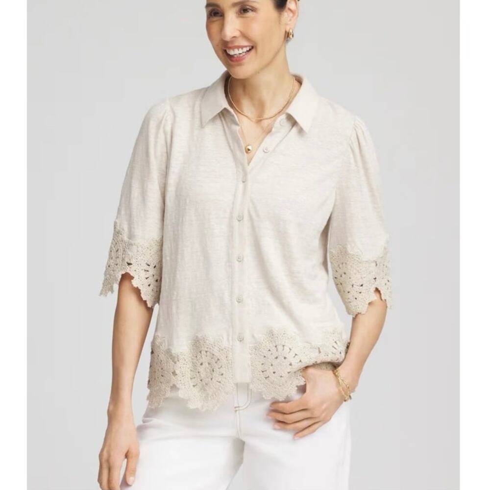 Chico’s Linen Crochet Lace Button Front Boho Cottagecore Top 20 NWT 3/4 Sleeve